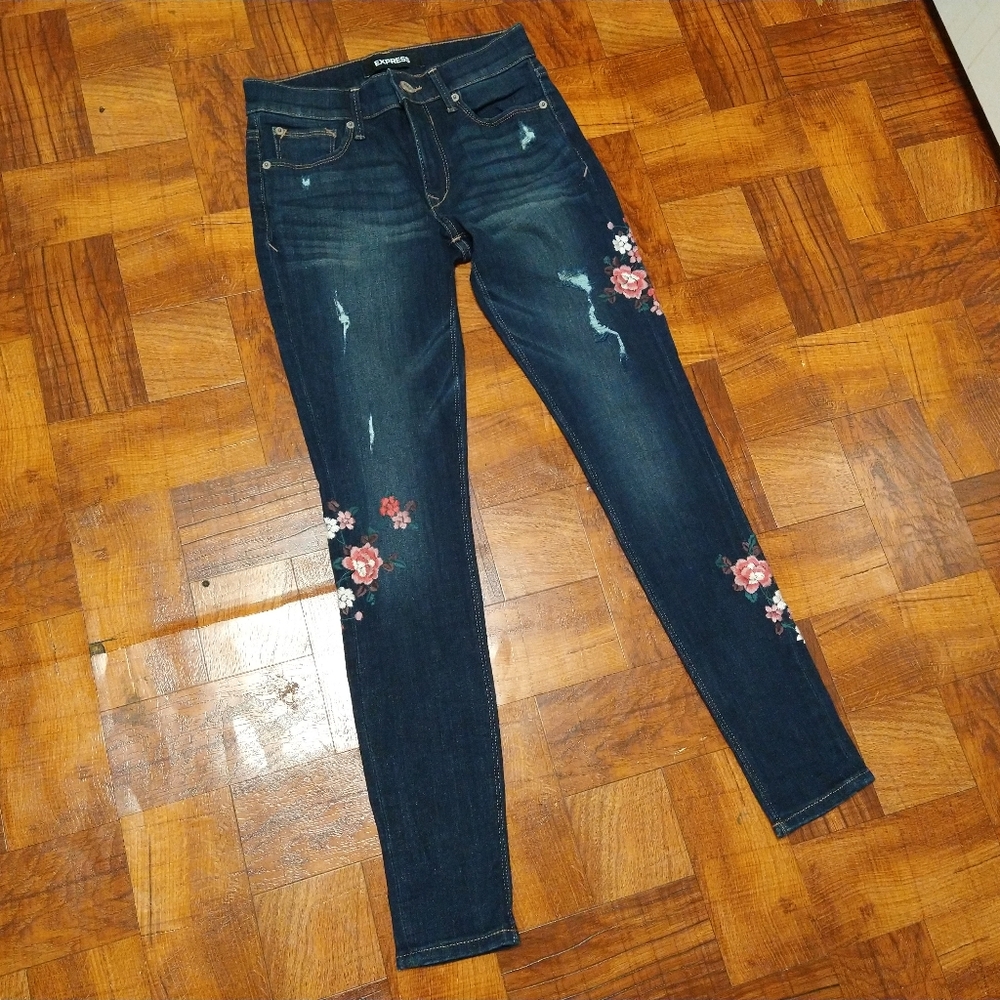 Express Floral Embroidered Distressed Blue Jeans Jeggings Mid Rise Women's 0R - Picture 1 of 8